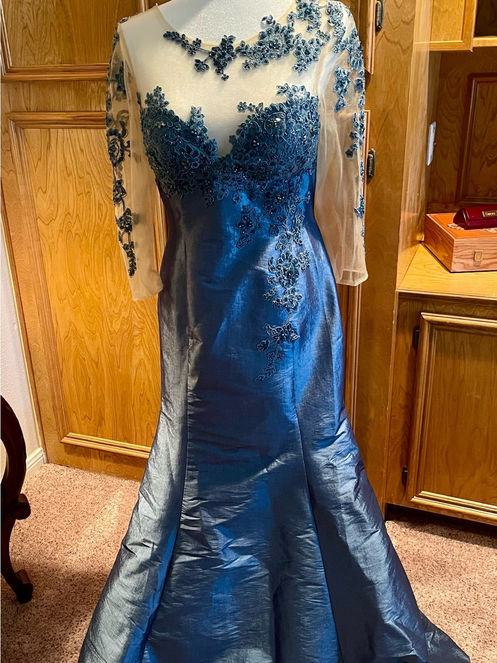 Mac Duggal Blue Embroidered Tulle Sleeve Evening Gown